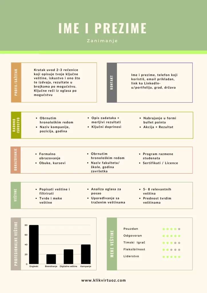 Infografik CV-ja primer sa sekcijama